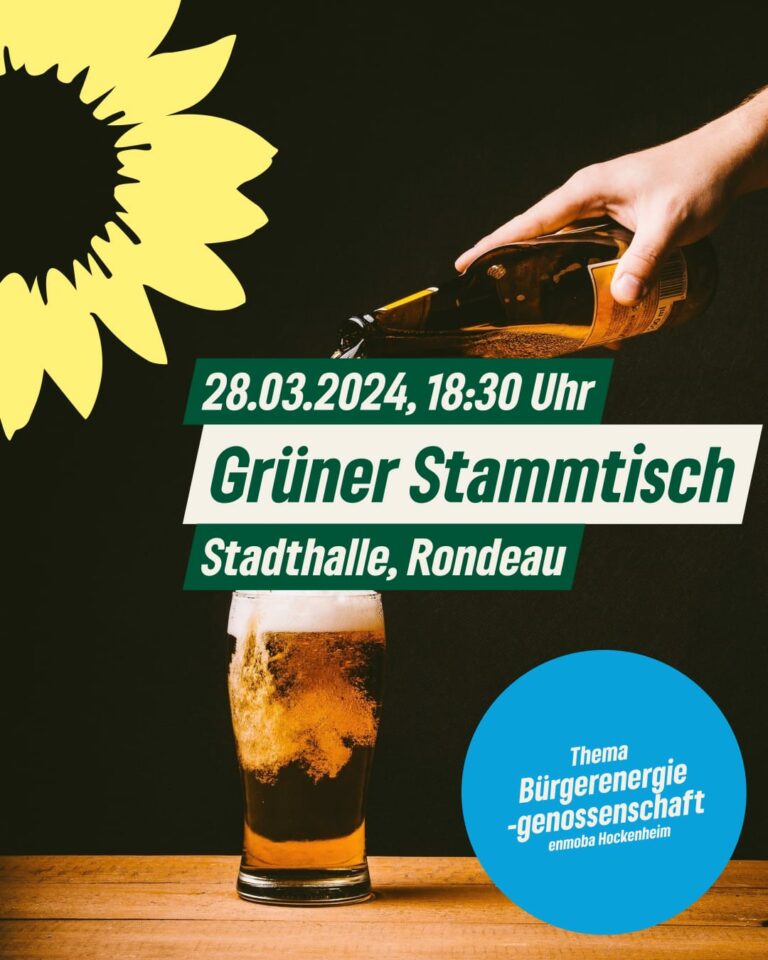 Stammtisch Grüne: enmoba berichtet zum Thema Bürgerenergiegenossenschaft für Hockenheim